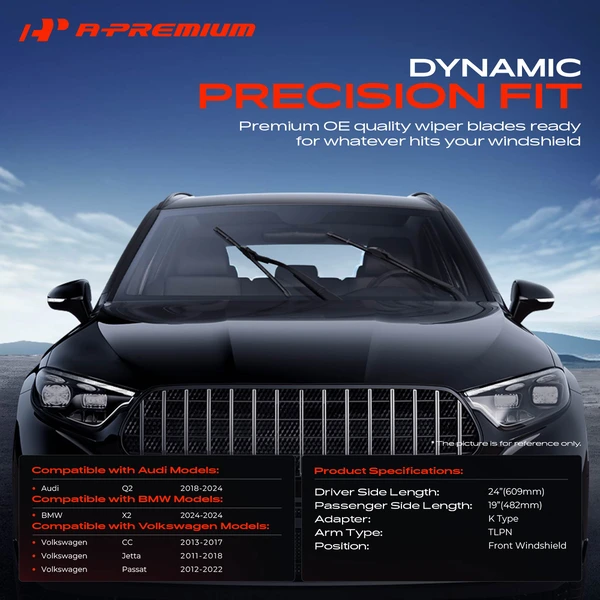 2-Pc 24″ + 19″ Beam Windshield Wiper Blade All Season, Quiet, Streak Free A-Premium APWB416