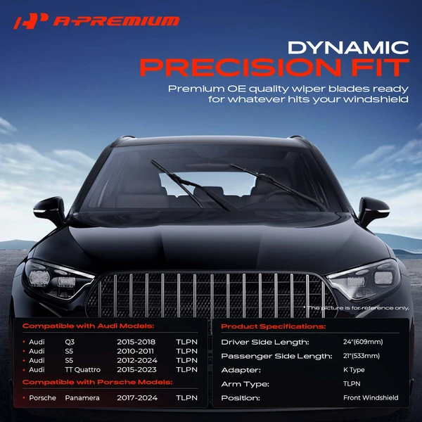 2-Pc 24″ + 21″ Beam Windshield Wiper Blade All Season, Quiet, Streak Free A-Premium APWB417