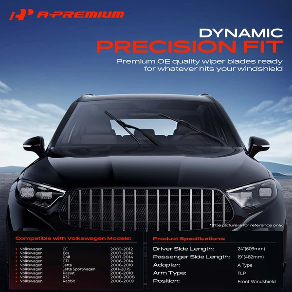 2-Pc 24″ + 19″ Beam Windshield Wiper Blade All Season, Quiet, Streak Free A-Premium APWB432