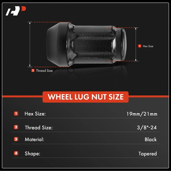 17 Pack with Key 3/8-24 Lug Nut Black Tapered for 2016-2021 Polaris Ranger Crew 570-6