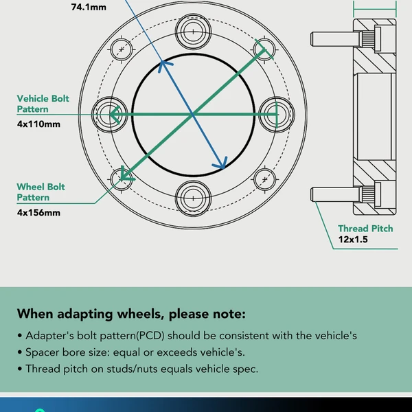2 Pcs 4x110 to 4x156 Wheel Adapter M12x1.5 74.1mm 1.25 inch for 2002-2009 2012-2014 Suzuki Ozark 250