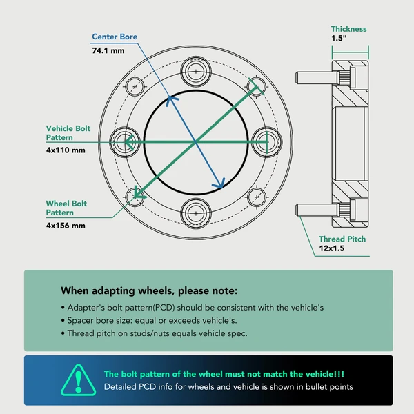 4 Pcs 4x110 to 4x156 mm Wheel Adapter 12x1.5 inches Studs 74.1mm 38.1mm for 1988-2000 Honda FourTrax 300