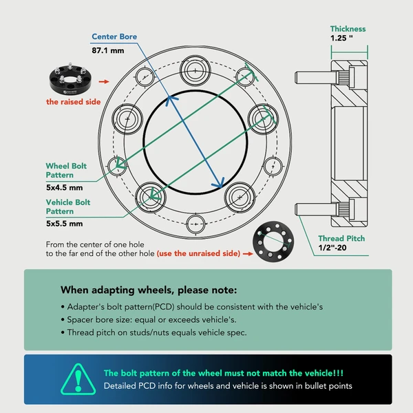4 Pcs 5x5.5 to 5x4.5 inches Wheel Adapter 1/2-20 87.1mm 1.25 inches for 1994-2001 Dodge Ram 1500