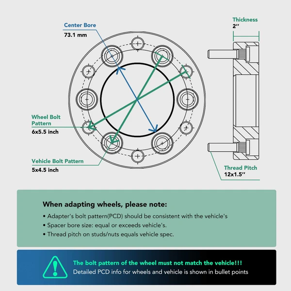 2 Pcs 5x4.5" to 6x5.5" Wheel Adapter 12x1.5" 73.1mm 2" for 2013-2016 Honda CR-Z