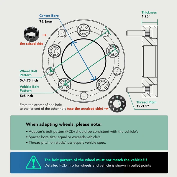 2 Pcs 5 x 4.75 inch to 5 x 5 inch Wheel Adapters 12x1.5 74.1mm 1.25 inch for Chevrolet GMC