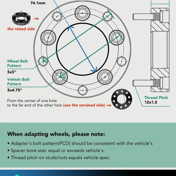 2 Pcs 5 x 4.75 inch to 5 x 5 inch Wheel Adapters M12x1.5 inch 74.1mm 1 In. for Chevrolet GMC