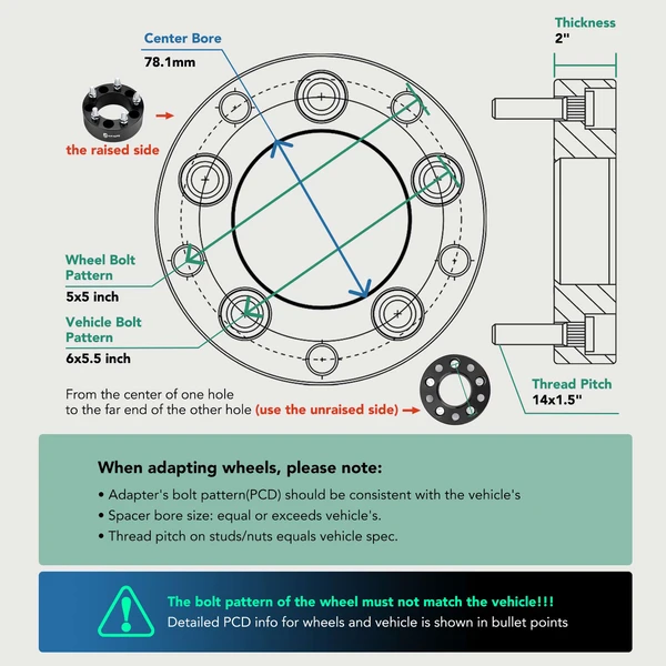 2 Pcs 6x5.5 inch to 5x5 inch Wheel Adapters 14x1.5 inch 78.1mm 2 inch for Chevrolet Cadillac GMC