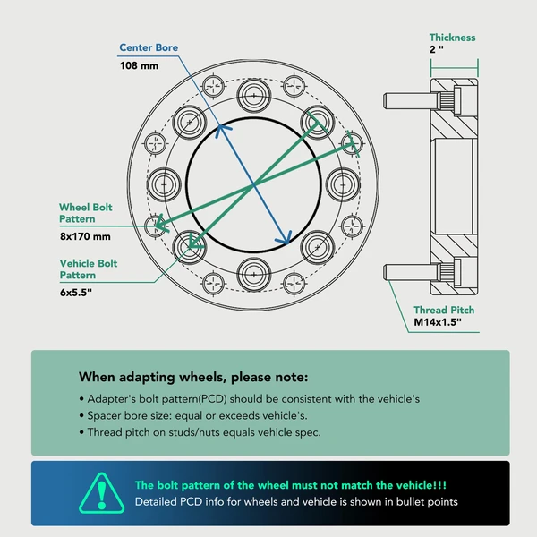 4 Pcs 6 x 5.5 inch to 8 x 170mm Wheel Adapters 14x1.5 inch 108 mm 2 inch for Chevy GMC Cadillac