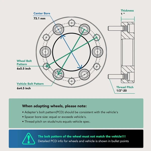4 Pcs 6x4.5 to 6x5.5 Wheel Adapter 1/2 inch-20 73.1mm 1 inch for 1991-2003 Dodge Dakota