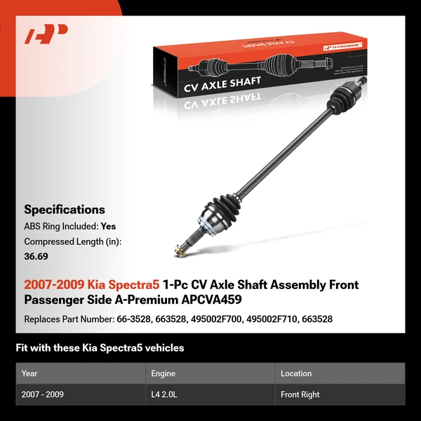 2007-2009 Kia Spectra5 1-Pc CV Axle Shaft Assembly Front Passenger Side A-Premium APCVA459
