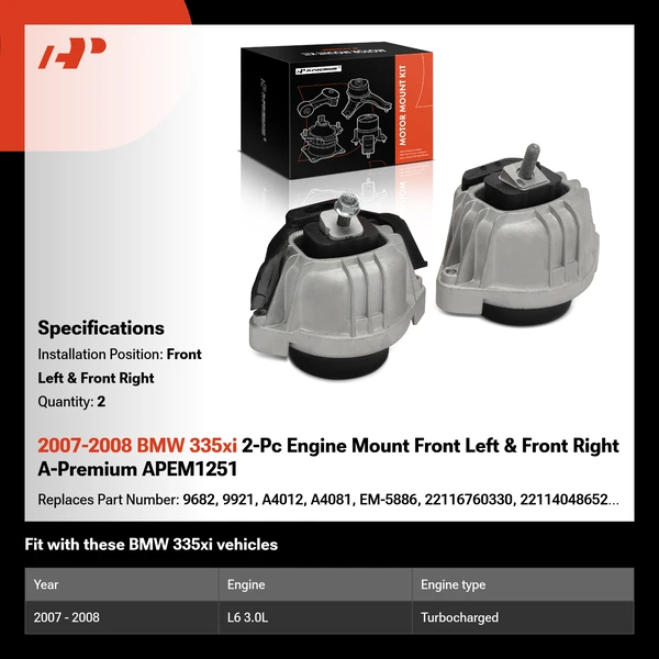 2007-2008 BMW 335xi 2-Pc Engine Mount Front Left & Front Right A-Premium APEM1251