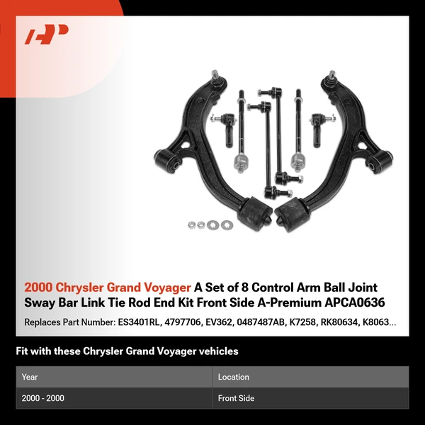 2000 Chrysler Grand Voyager A Set of 8 Control Arm Ball Joint Sway Bar Link Tie Rod End Kit Front Side A-Premium APCA0636