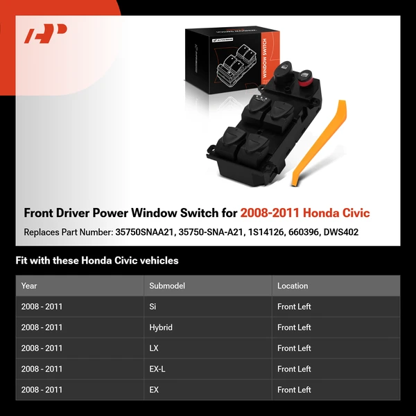 Front Driver Power Window Switch for 2008-2011 Honda Civic