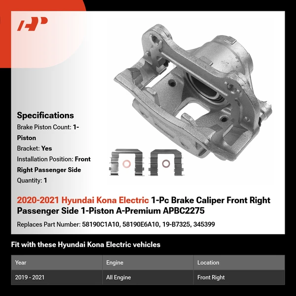 2020-2021 Hyundai Kona Electric 1-Pc Brake Caliper Front Right Passenger Side 1-Piston A-Premium APBC2275