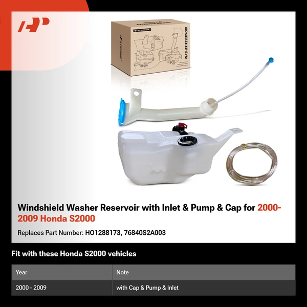 Windshield Washer Reservoir with Inlet & Pump & Cap for 2000-2009 Honda S2000