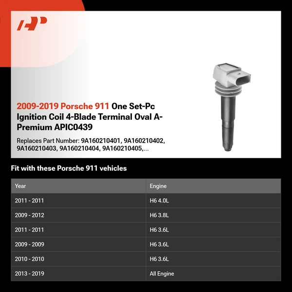 2009-2019 Porsche 911 One Set-Pc Ignition Coil 4-Blade Terminal Oval A-Premium APIC0439