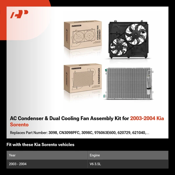 AC Condenser & Dual Cooling Fan Assembly Kit for 2003-2004 Kia Sorento