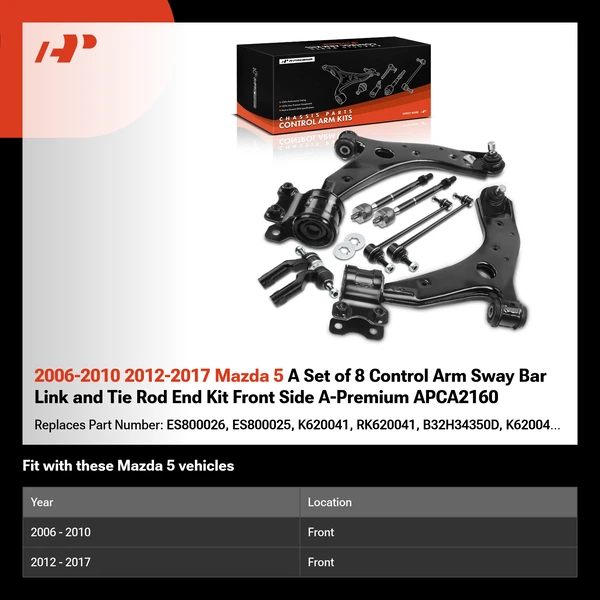 2006-2010 2012-2017 Mazda 5 A Set of 8 Control Arm Sway Bar Link and Tie Rod End Kit Front Side A-Premium APCA2160