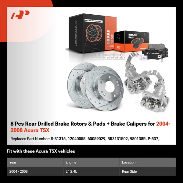 8 Pcs Rear Drilled Brake Rotors & Pads + Brake Calipers for 2004-2008 Acura TSX