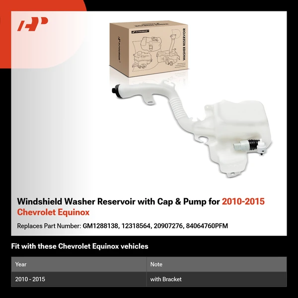 Windshield Washer Reservoir with Cap & Pump for 2010-2015 Chevrolet Equinox