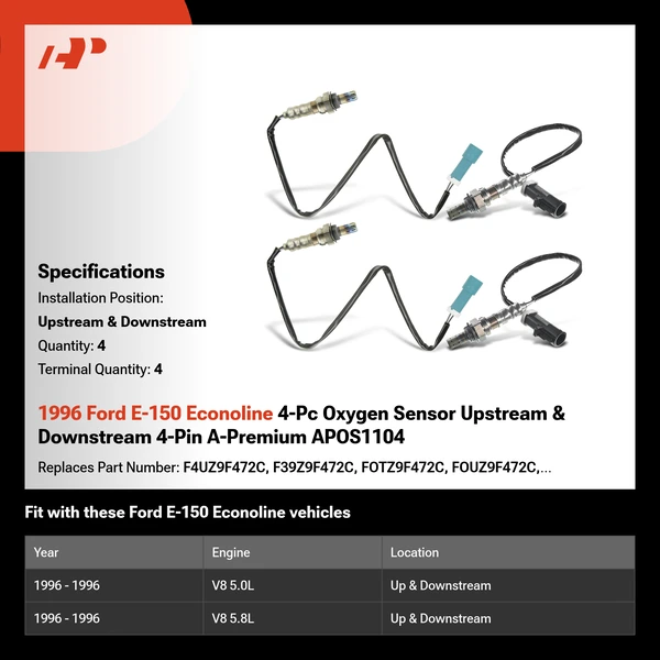 1996 Ford E-150 Econoline 4-Pc Oxygen Sensor Upstream & Downstream 4-Pin A-Premium APOS1104