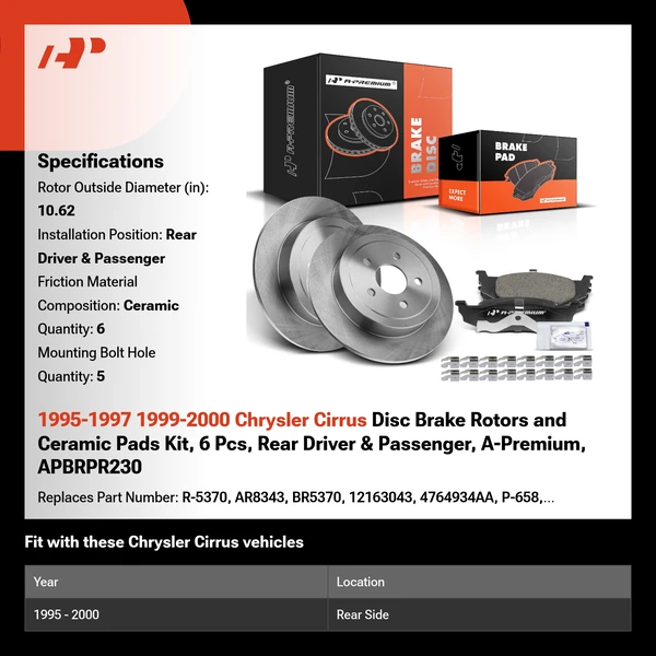 1995-1997 1999-2000 Chrysler Cirrus Disc Brake Rotors and Ceramic Pads Kit, 6 Pcs, Rear Driver & Passenger, A-Premium, APBRPR230