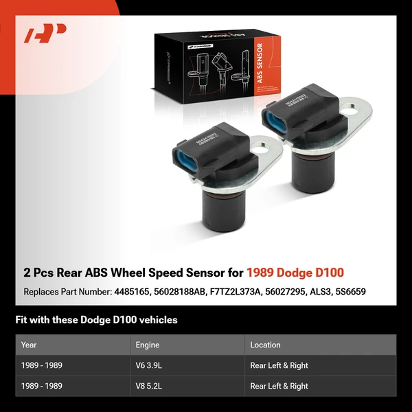 2 Pcs Rear ABS Wheel Speed Sensor for 1989 Dodge D100