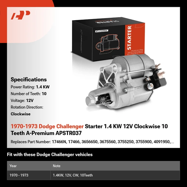 1970-1973 Dodge Challenger Starter 1.4 KW 12V Clockwise 10 Teeth A-Premium APSTR037