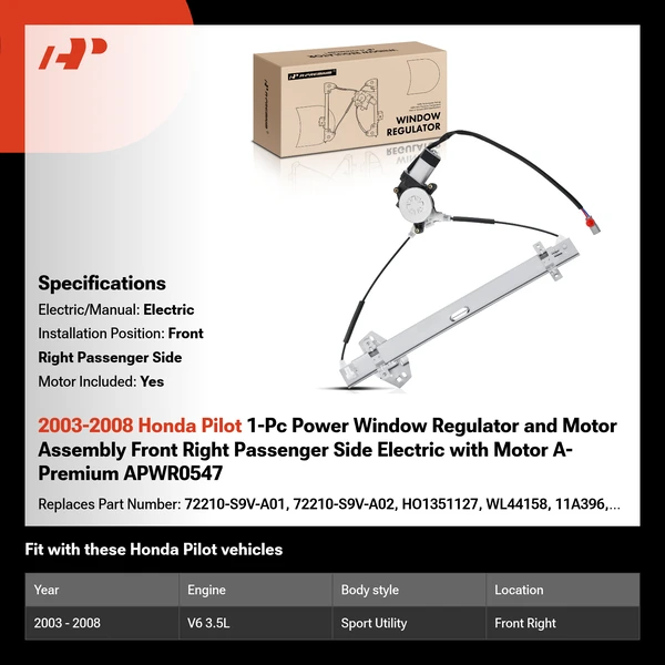 2003-2008 Honda Pilot 1-Pc Power Window Regulator and Motor Assembly Front Right Passenger Side Electric with Motor A-Premium APWR0547