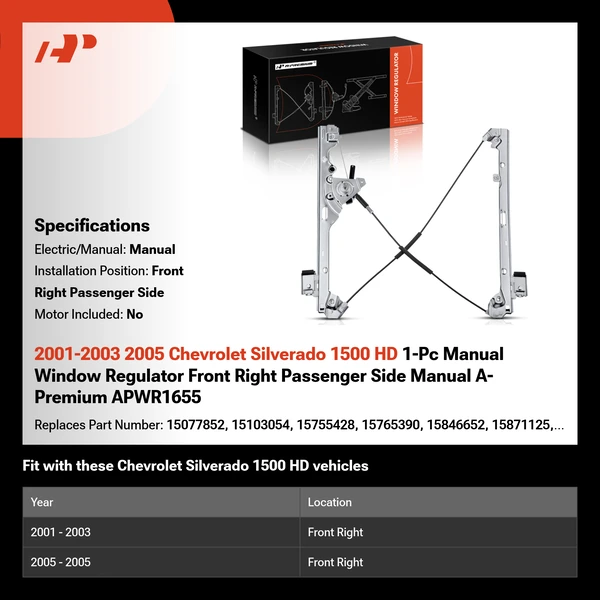 2001-2003 2005 Chevrolet Silverado 1500 HD 1-Pc Manual Window Regulator Front Right Passenger Side Manual A-Premium APWR1655