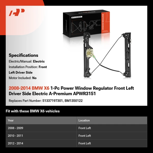 2008-2014 BMW X6 1-Pc Power Window Regulator Front Left Driver Side Electric A-Premium APWR3151