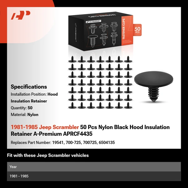 1981-1985 Jeep Scrambler 50 Pcs Nylon Black Hood Insulation Retainer A-Premium APRCF4435