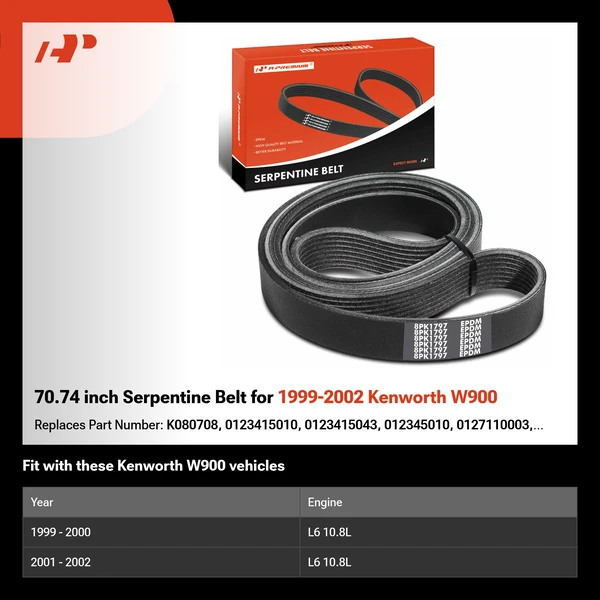 70.74 inch Serpentine Belt for 1999-2002 Kenworth W900