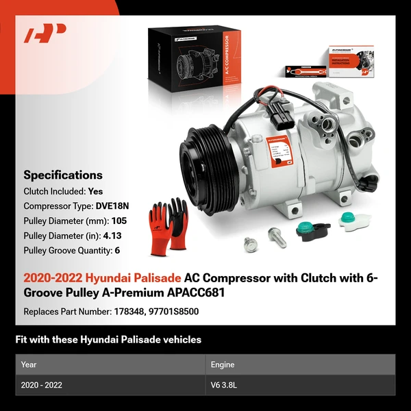 2020-2022 Hyundai Palisade AC Compressor with Clutch with 6-Groove Pulley A-Premium APACC681