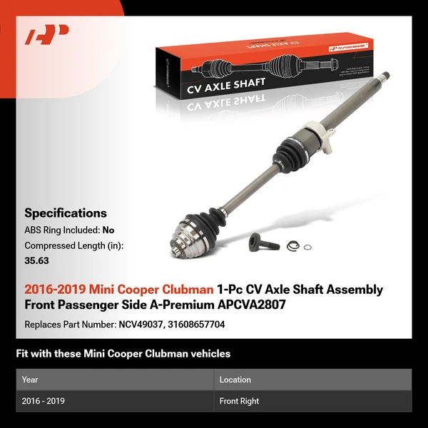 2016-2019 Mini Cooper Clubman 1-Pc CV Axle Shaft Assembly Front Passenger Side A-Premium APCVA2807