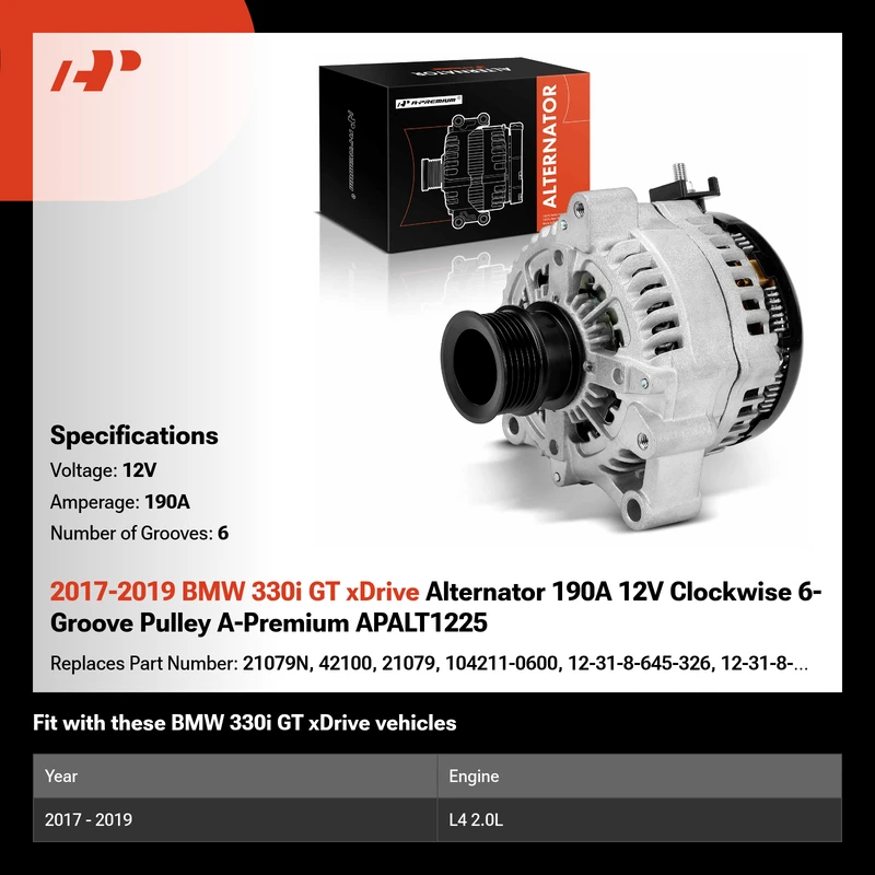 2017-2019 BMW 330i GT xDrive Alternator 190A 12V Clockwise 6-Groove Pulley A-Premium APALT1225