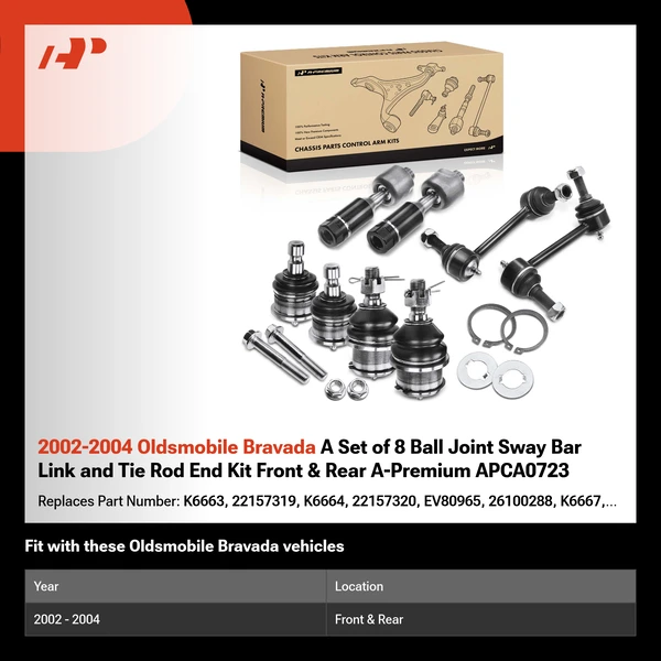 2002-2004 Oldsmobile Bravada A Set of 8 Ball Joint Sway Bar Link and Tie Rod End Kit Front & Rear A-Premium APCA0723