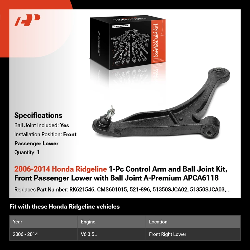 2006-2014 Honda Ridgeline 1-Pc Control Arm and Ball Joint Kit, Front Passenger Lower with Ball Joint A-Premium APCA6118
