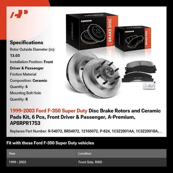 1999-2003 Ford F-350 Super Duty Disc Brake Rotors and Ceramic Pads Kit, 6 Pcs, Front Driver & Passenger, A-Premium, APBRPR1753