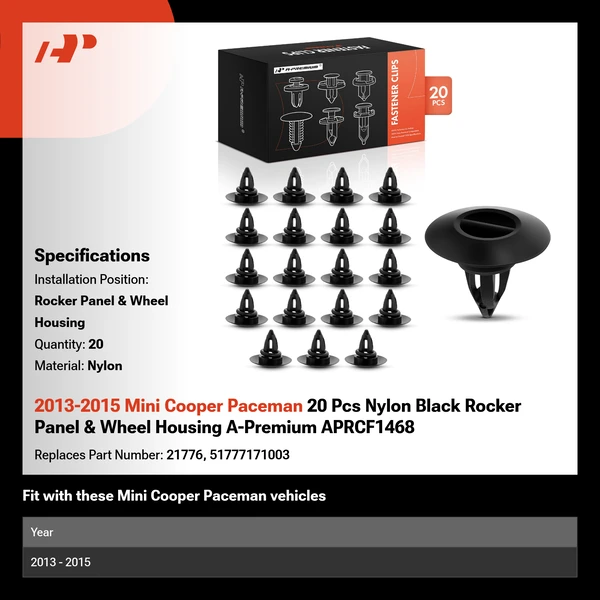 2013-2015 Mini Cooper Paceman 20 Pcs Nylon Black Rocker Panel & Wheel Housing A-Premium APRCF1468