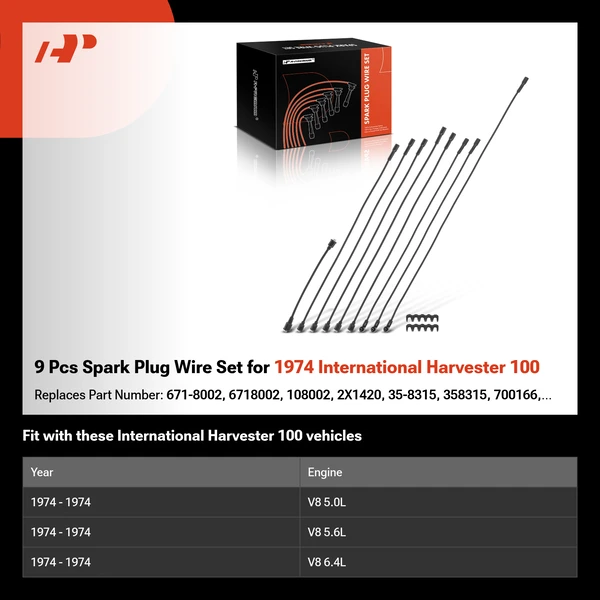 9 Pcs Spark Plug Wire Set for 1974 International Harvester 100