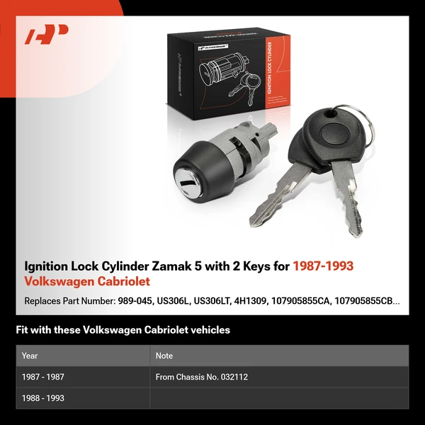 Ignition Lock Cylinder Zamak 5 with 2 Keys for 1987-1993 Volkswagen Cabriolet