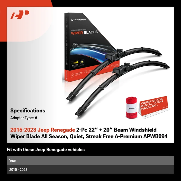2015-2023 Jeep Renegade 2-Pc 22″ + 20″ Beam Windshield Wiper Blade All Season, Quiet, Streak Free A-Premium APWB094