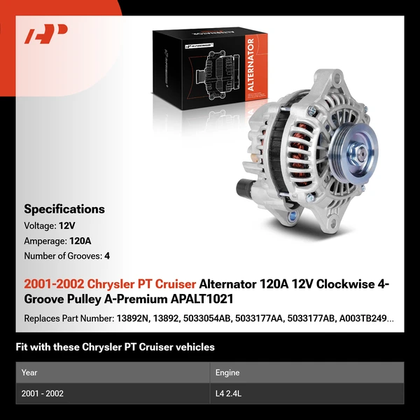 2001-2002 Chrysler PT Cruiser Alternator 120A 12V Clockwise 4-Groove Pulley A-Premium APALT1021
