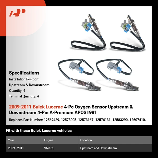 2009-2011 Buick Lucerne 4-Pc Oxygen Sensor Upstream & Downstream 4-Pin A-Premium APOS1981