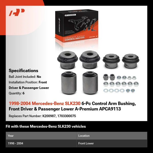 1998-2004 Mercedes-Benz SLK230 6-Pc Control Arm Bushing, Front Driver & Passenger Lower A-Premium APCA9113
