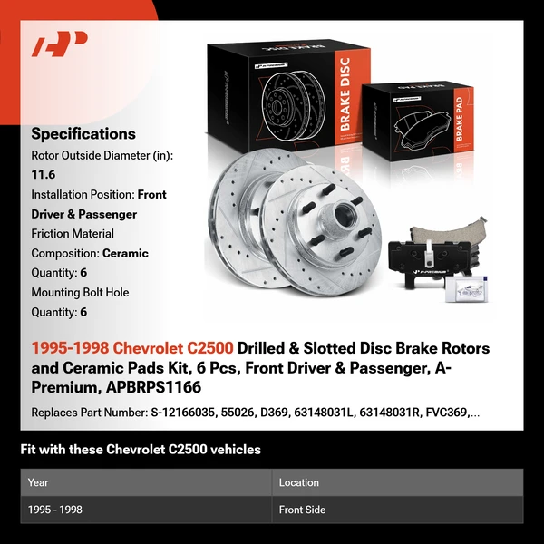 1995-1998 Chevrolet C2500 Drilled & Slotted Disc Brake Rotors and Ceramic Pads Kit, 6 Pcs, Front Driver & Passenger, A-Premium, APBRPS1166