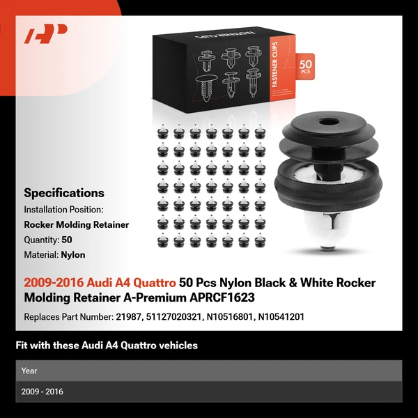 2009-2016 Audi A4 Quattro 50 Pcs Nylon Black & White Rocker Molding Retainer A-Premium APRCF1623