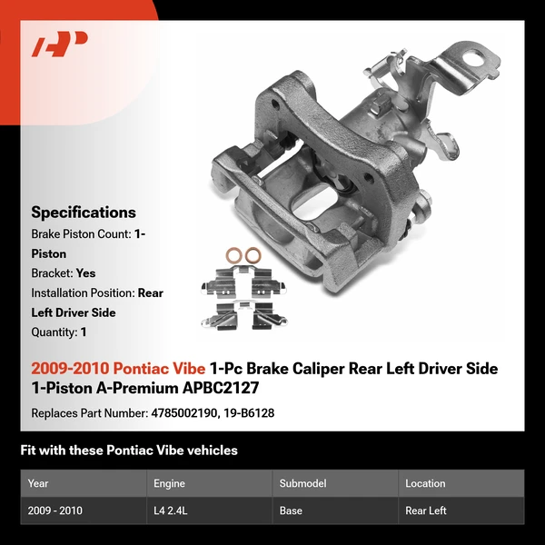 2009-2010 Pontiac Vibe 1-Pc Brake Caliper Rear Left Driver Side 1-Piston A-Premium APBC2127