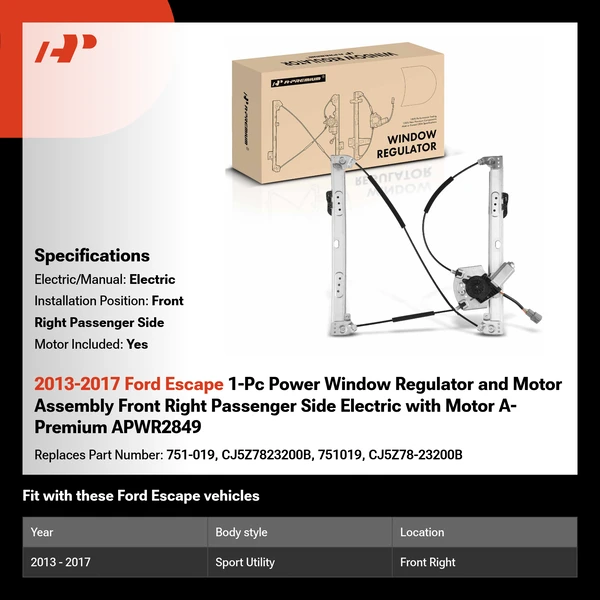2013-2017 Ford Escape 1-Pc Power Window Regulator and Motor Assembly Front Right Passenger Side Electric with Motor A-Premium APWR2849